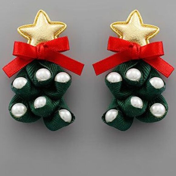Pearl & Fabric Christmas Tree Earrings - Picture 1 of 1